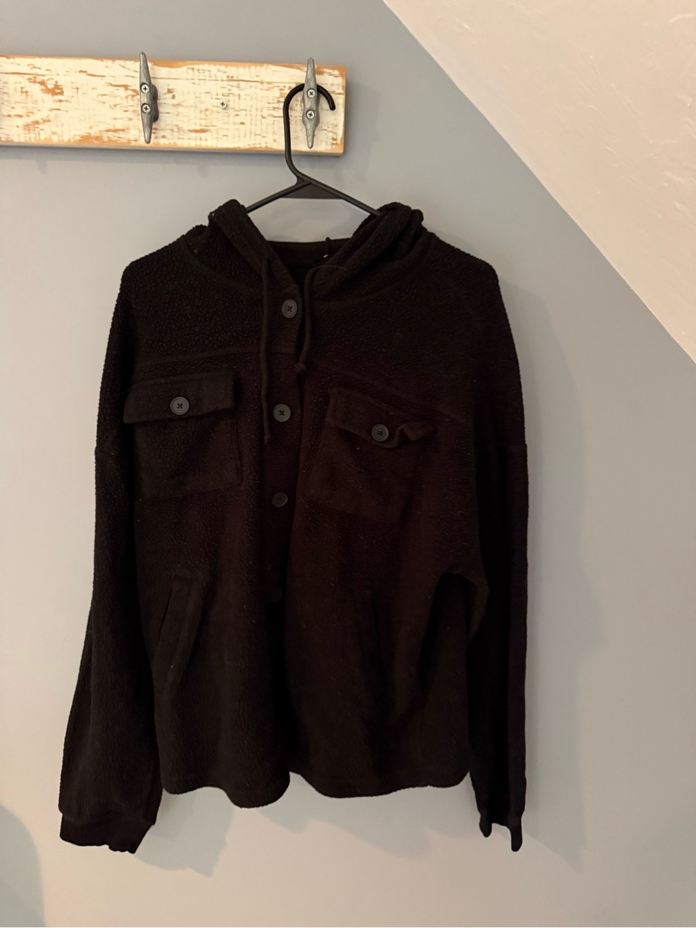 Black Hooded Button-Up Jacket